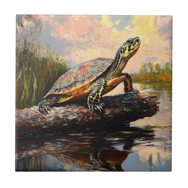 Cute Turtle on a Log Everglades Painting Ceramic Tile (Front)