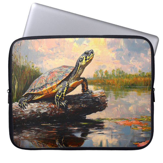 Cute Turtle on a Log Everglades Painting Laptop Sleeve (Front)