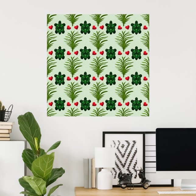 Cute Turtle Pattern Aesthetic | Tropical Leaves Bu Poster (Home Office)