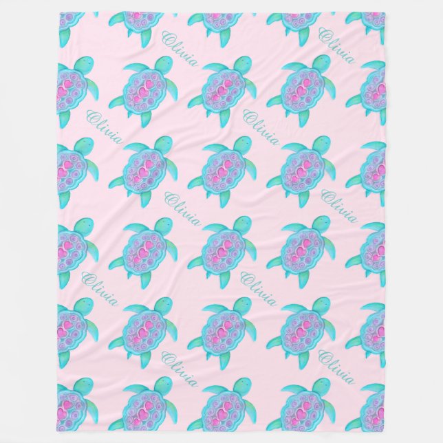 Cute turtle pink heart name patterned blanket (Front)