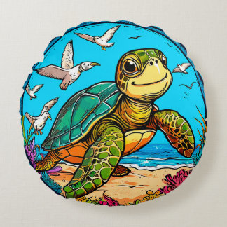 🐢 Cute Turtle Seagulls Ocean Beach Fun Design Round Cushion