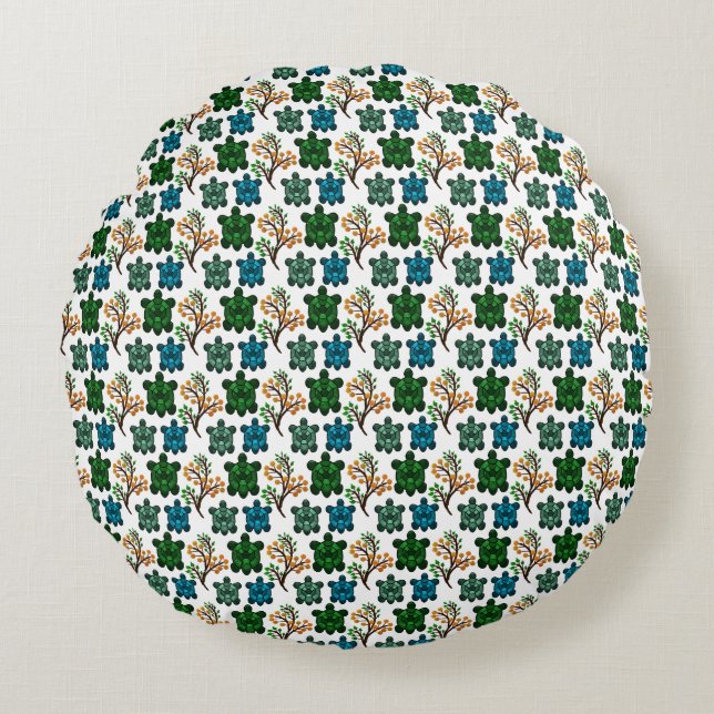Cute Turtle Seamless Pattern | Ocean Animal Repeat Round Cushion (Front)