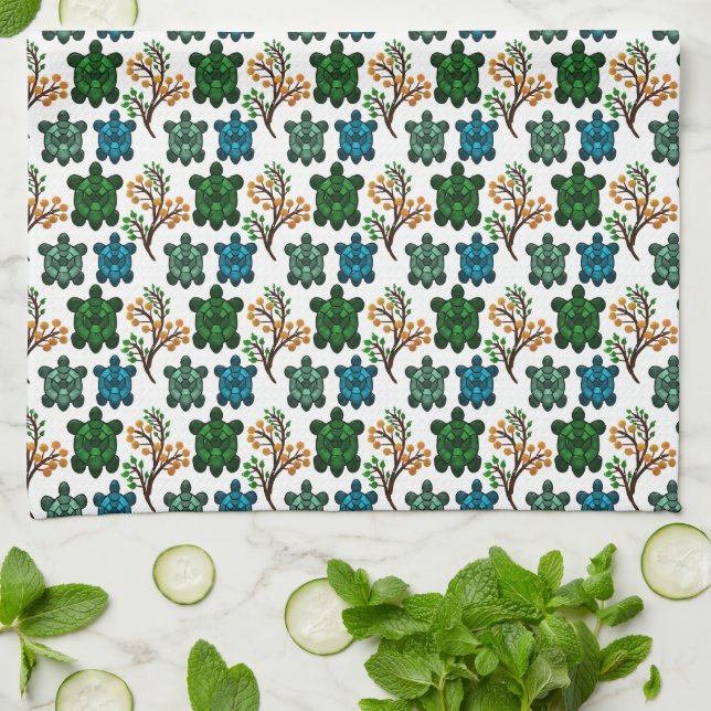 Cute Turtle Seamless Pattern | Ocean Animal Repeat Tea Towel (Folded)