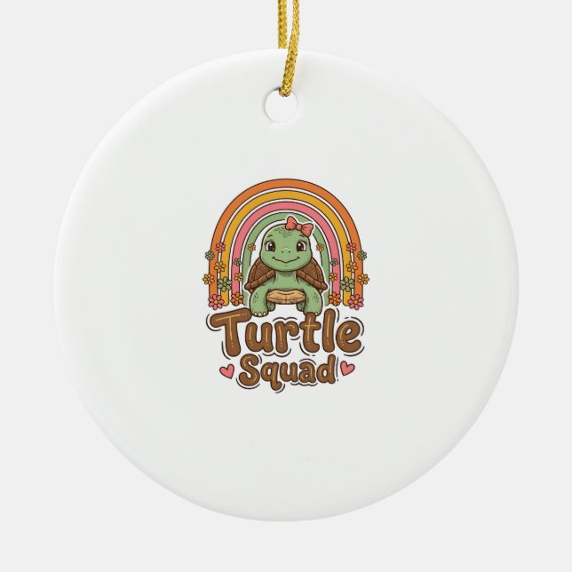 Cute Turtle Squad Rainbow Floral Vector Design_1 Ceramic Ornament (Front)