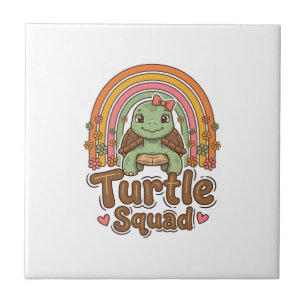 Cute Turtle Squad Rainbow Floral Vector Design_1 Ceramic Tile