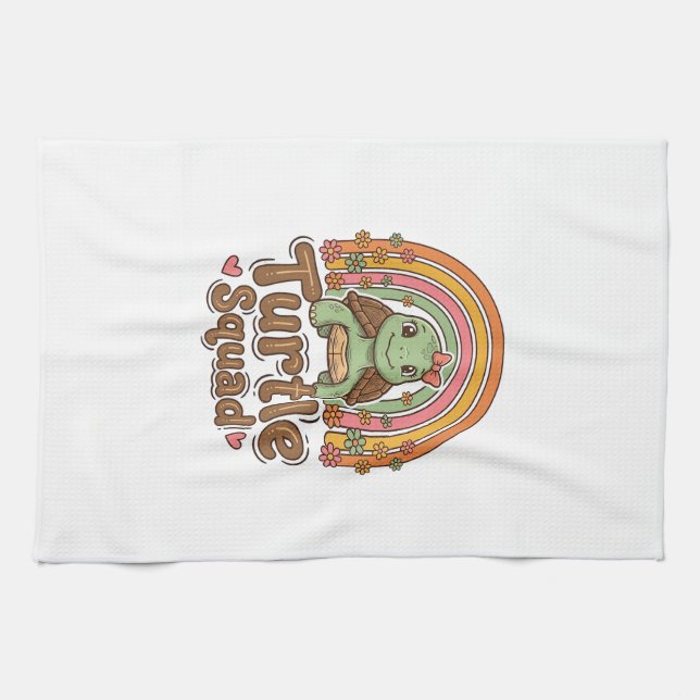 Cute Turtle Squad Rainbow Floral Vector Design_1 Tea Towel (Horizontal)