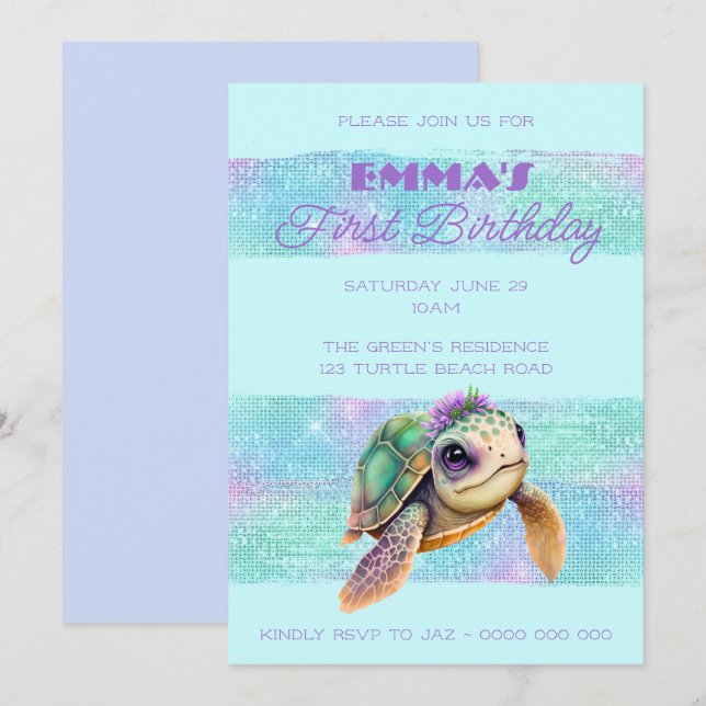 Cute Turtle Summer Beach Aqua 1st Birthday Invitation (Front/Back)
