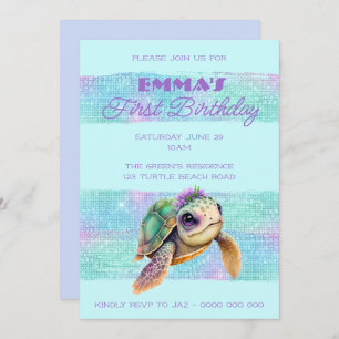 Cute Turtle Summer Beach Aqua 1st Birthday Invitation