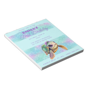 Cute Turtle Summer Beach Aqua 1st Birthday Notepad