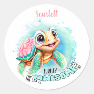 Cute Turtle Summer Name Girl  Classic Round Sticker