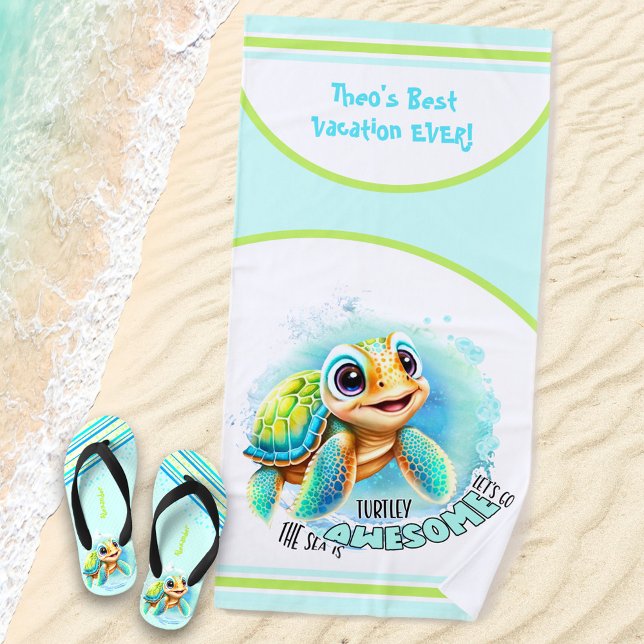 Cute Turtle Summer Vacation Personalised Boy Beach Towel (Creator Uploaded)