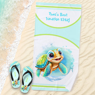 Cute Turtle Summer Vacation Personalised Name Boy Beach Towel