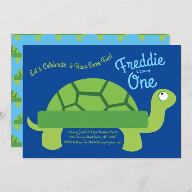 Cute Turtle Tortoise Kids 1st Birthday Party Invitation (Front/Back)