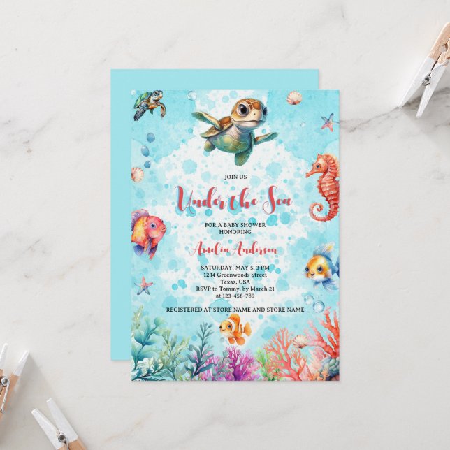 Cute Turtle Under the Sea Creatures Baby Shower Invitation (Front/Back In Situ)