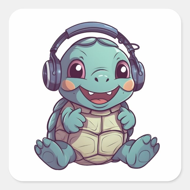 Cute Turtle Wearing Headphones Adorable Animal  Square Sticker (Front)