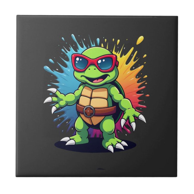 Cute Turtle Wearing Sunglasses Paint Splash Sea An Ceramic Tile (Front)