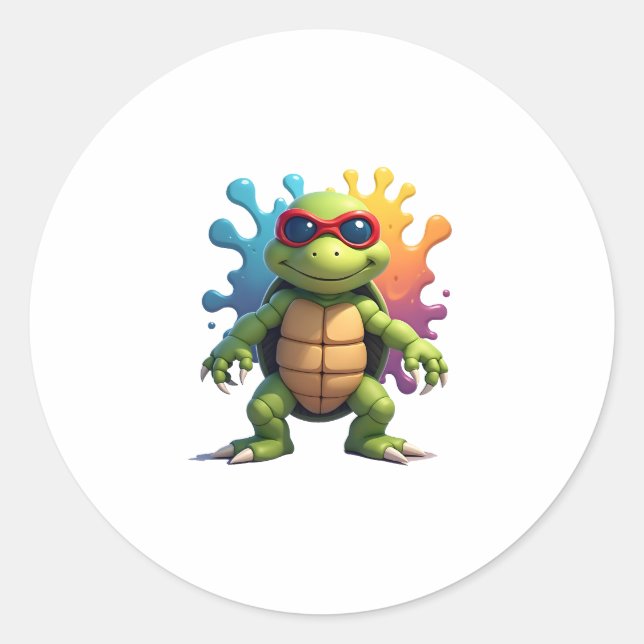 Cute Turtle Wearing Sunglasses Paint Splash Sea An Classic Round Sticker (Front)