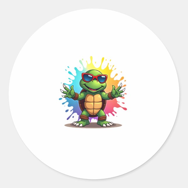 Cute Turtle Wearing Sunglasses Paint Splash Sea An Classic Round Sticker (Front)
