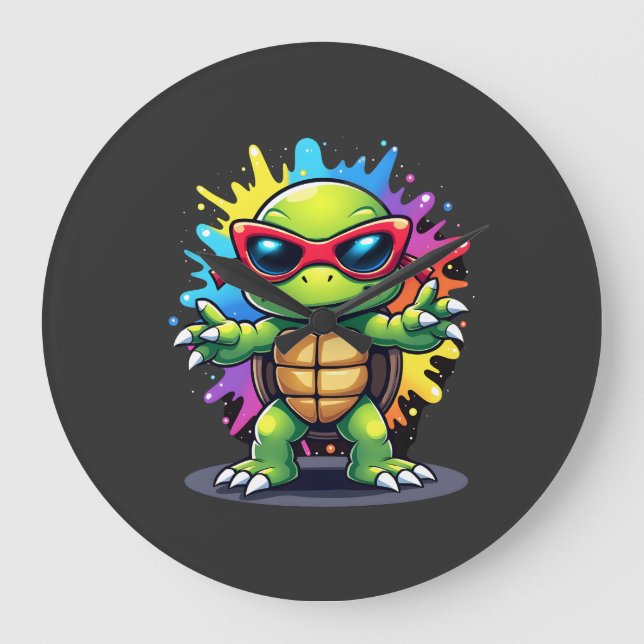 Cute Turtle Wearing Sunglasses Paint Splash Sea An Large Clock (Front)