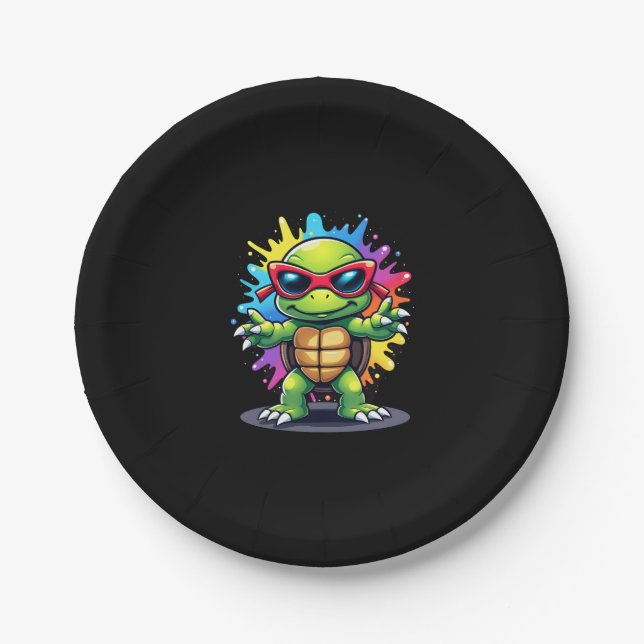 Cute Turtle Wearing Sunglasses Paint Splash Sea An Paper Plate (Front)