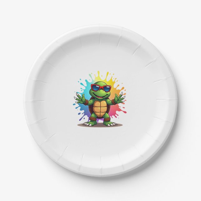 Cute Turtle Wearing Sunglasses Paint Splash Sea An Paper Plate (Front)