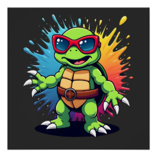 Cute Turtle Wearing Sunglasses Paint Splash Sea An Poster
