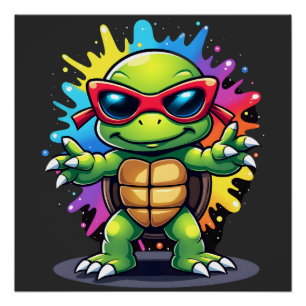 Cute Turtle Wearing Sunglasses Paint Splash Sea An Poster