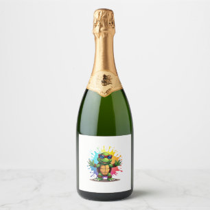 Cute Turtle Wearing Sunglasses Paint Splash Sea An Sparkling Wine Label