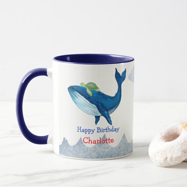 Cute turtle Whale racing  ocean Birthday party Mug (With Donut)