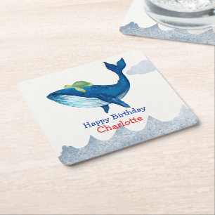 Cute turtle Whale racing  ocean Birthday party Square Paper Coaster