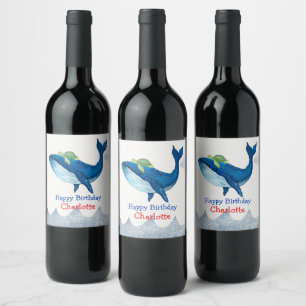 Cute turtle Whale racing  ocean Birthday party Wine Label