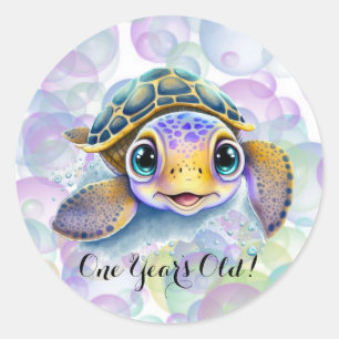 Cute Turtle with Bubbles 1st. Birthday Party Classic Round Sticker