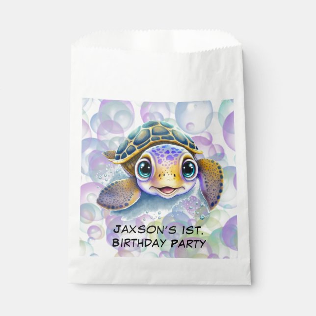 Cute Turtle with Bubbles 1st. Birthday Party Favour Bag (Front)
