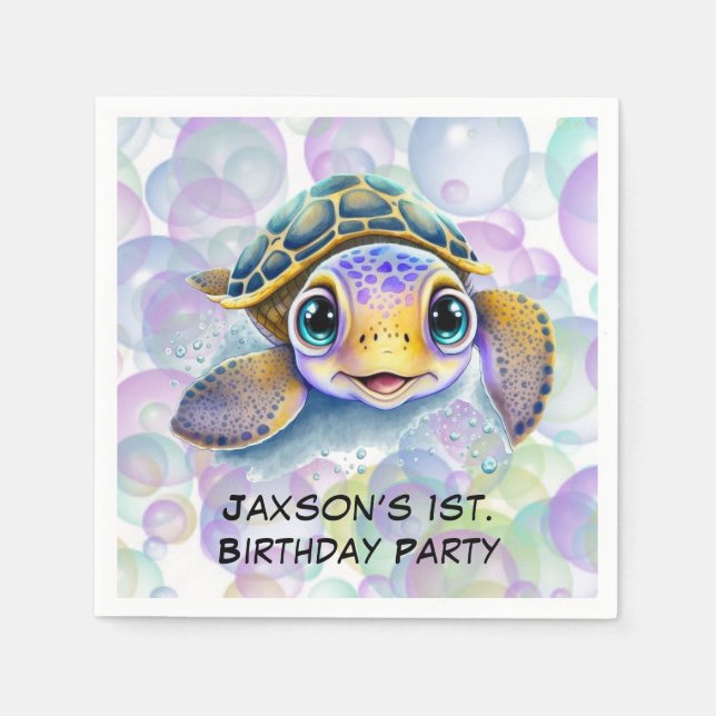 Cute Turtle with Bubbles 1st. Birthday Party Napkin (Front)