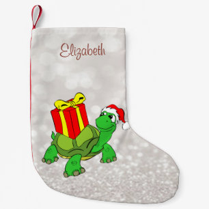Cute Turtle With  Santa Hat Present,Glittery Bokeh Small Christmas Stocking