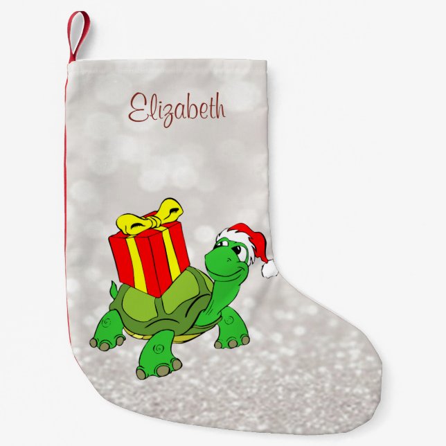 Cute Turtle With  Santa Hat Present,Glittery Bokeh Small Christmas Stocking (Front)