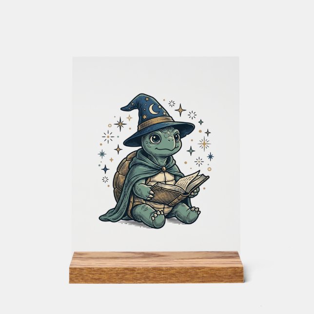 Cute Turtle Wizard Reading Spellbook Vector Design Acrylic Sign (Front)