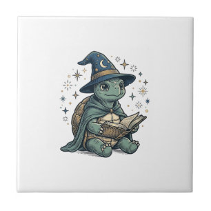 Cute Turtle Wizard Reading Spellbook Vector Design Ceramic Tile