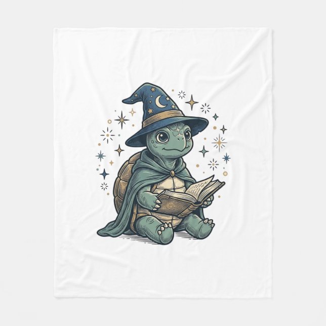 Cute Turtle Wizard Reading Spellbook Vector Design Fleece Blanket (Front)