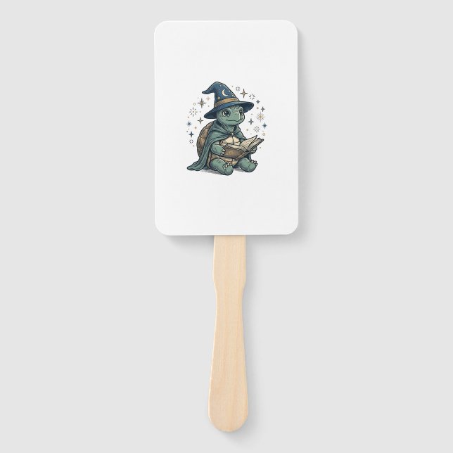 Cute Turtle Wizard Reading Spellbook Vector Design Hand Fan (Front)