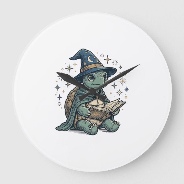 Cute Turtle Wizard Reading Spellbook Vector Design Large Clock (Front)