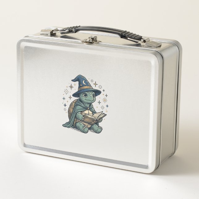 Cute Turtle Wizard Reading Spellbook Vector Design Metal Lunch Box (Front)