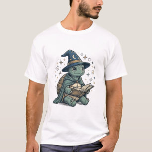 Cute Turtle Wizard Reading Spellbook Vector Design T-Shirt