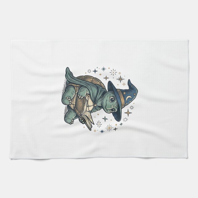 Cute Turtle Wizard Reading Spellbook Vector Design Tea Towel (Horizontal)