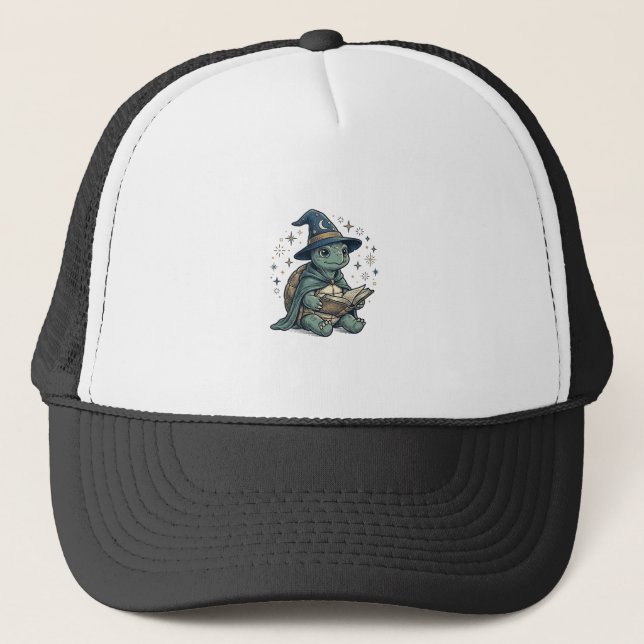 Cute Turtle Wizard Reading Spellbook Vector Design Trucker Hat (Front)