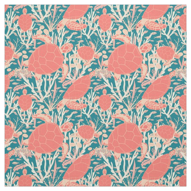 Cute Turtles Coral Reef and Teal Pattern Fabric (Swatch)