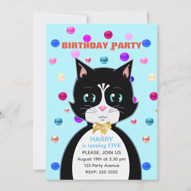 Cute Tuxedo Birthday Cat & Multicolor Confetti Invitation (Front)