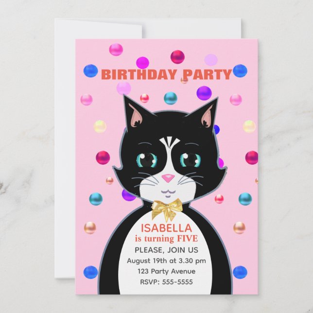 Cute Tuxedo Birthday Cat on Light Pink Invitation (Front)