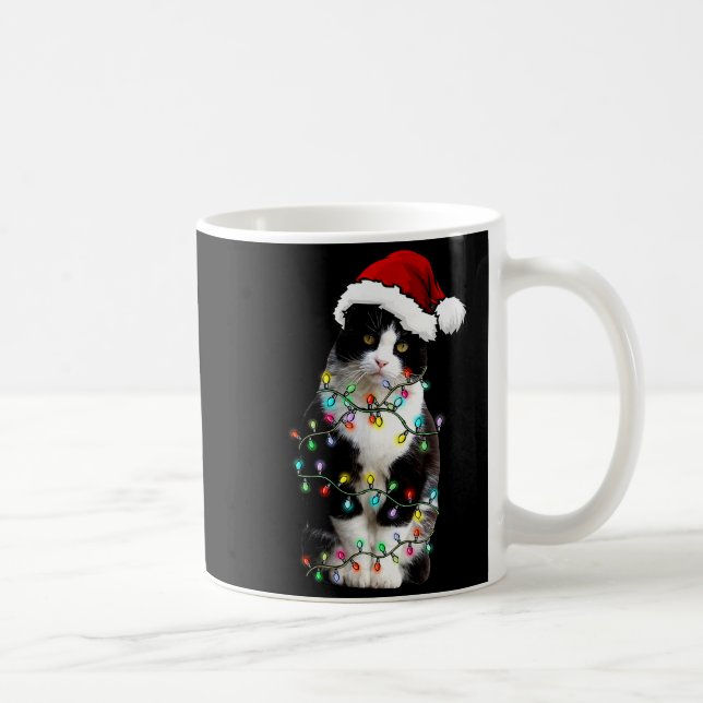Cute Tuxedo Black Cat Christmas Light Cat Christma Coffee Mug (Right)