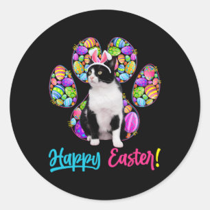 Cute Tuxedo Cat And Bunny Ears Easter Eggs Cat Paw Classic Round Sticker